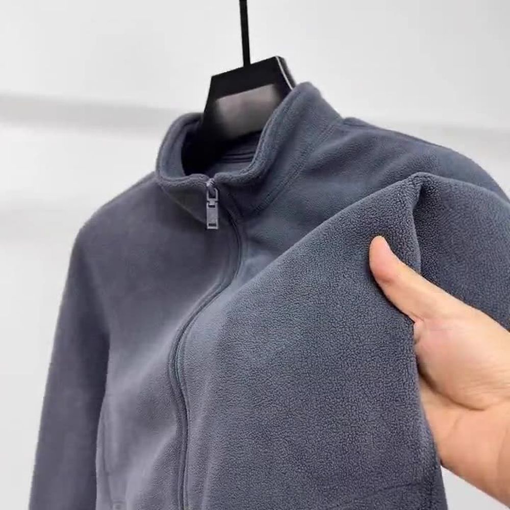 Men's Stand Collar Zipper Cardigan Thick Warm Fleece Solid Color Jacket