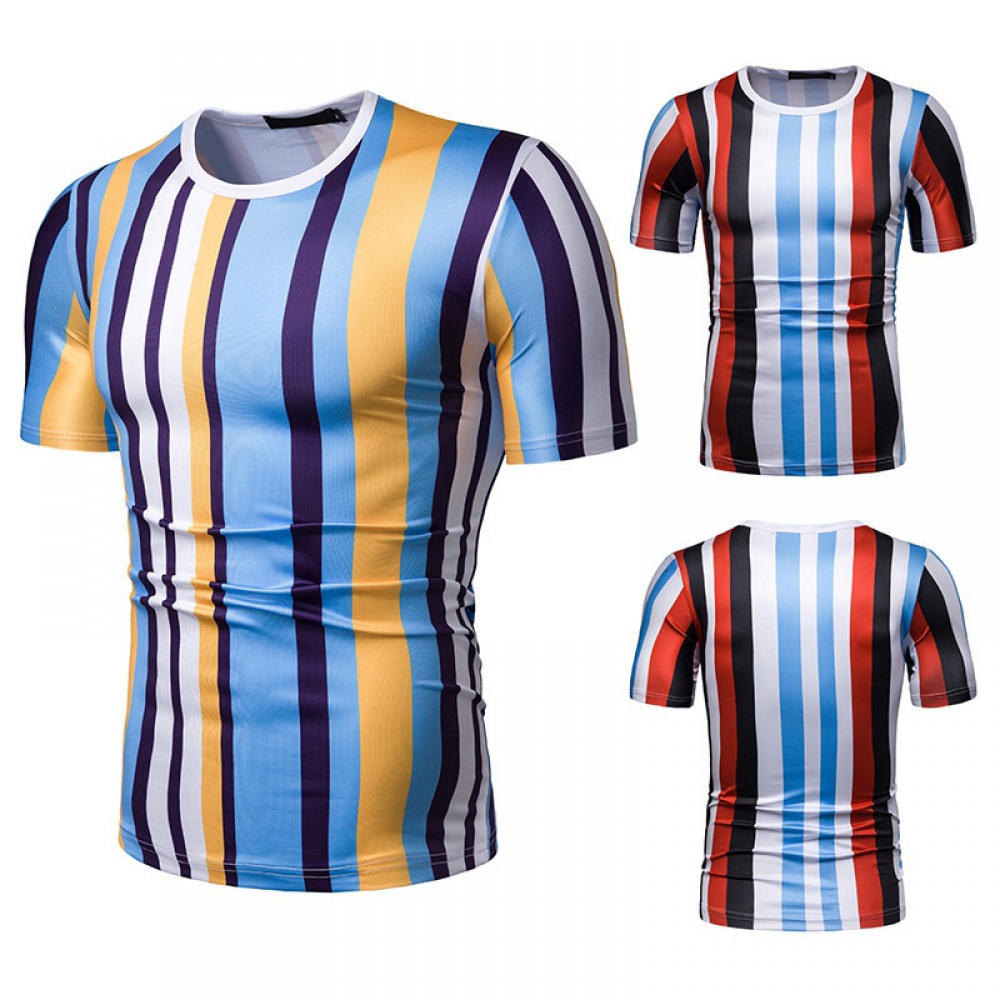 New Summer Men's Short-Sleeved T-Shirt Contrast Striped Slim Casual T-Shirt