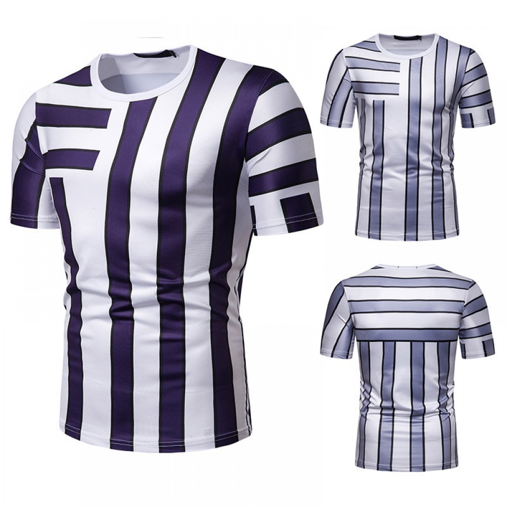 New Summer Men's Short-Sleeved T-Shirt Contrast Striped Slim Casual T-Shirt