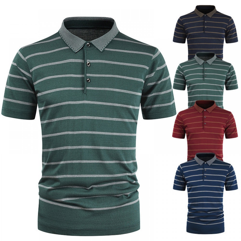 New Summer Men's Striped T-Shirt Lapel Casual Short Sleeves